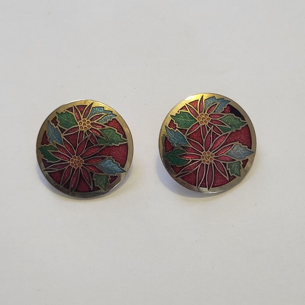 Cloisonne Poinsettia Flower Gold Tone Round Post Earrings Christmas Holiday